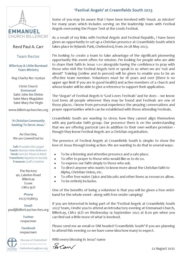 Creamfields South Letter 1 - 22 August 2022